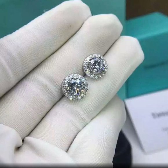 18K WHITE GOLD CZ DIAMOND HALO EARRINGS - Picture 2 of 2